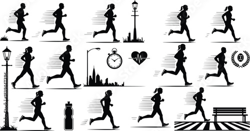 Collection of black silhouettes of men and women running with speed lines and urban elements