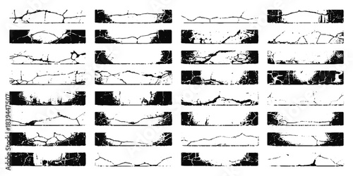 Set of vector Black and white cracked wall, old wall, grunge wall paint effect, grungy transparent texture background. Vector grunge cracked texture style with cracked texture.	