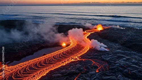 Dramatic Aerial View of Molten Lava Flowing into the Ocean at Sunset, Kilauea Volcano, Hawaii.