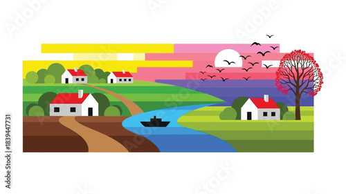 A vibrant landscape featuring houses trees a river and flying birds