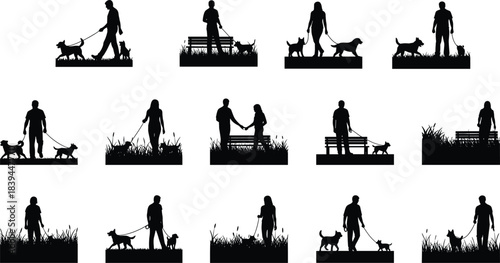 Dog, walking, silhouette, posture, gesture, park, leash, bench, couple, setup, vector, black, pose, flavector, minimal, pet, outdoor, grass, companionship, leisure, activity
