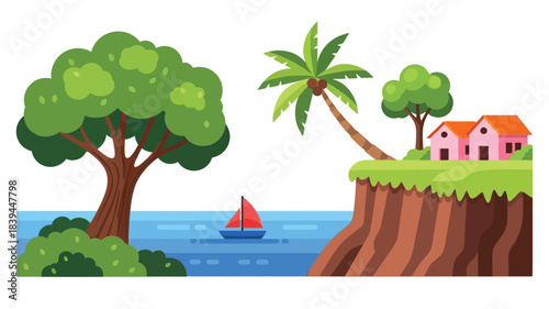 Tropical island scene with palm trees a small house and blue water