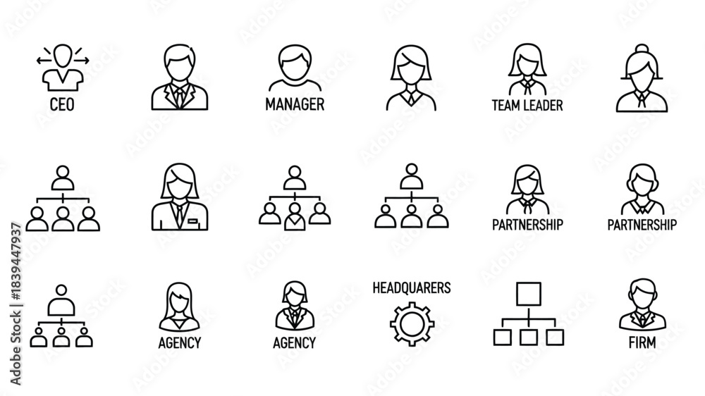 Fototapeta premium Business hierarchy and organizational structure icons representing leadership and team roles