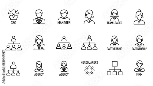 Business hierarchy and organizational structure icons representing leadership and team roles