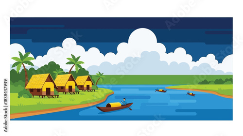 Tropical riverside scene with thatched roof houses and boats under cloudy skies