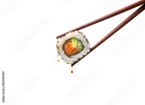 Fresh Salmon Avocado Sushi Roll with Chopsticks & Dripping Sauce. Authentic Japanese Cuisine Delicacy on white background Isolated on Transparent Background