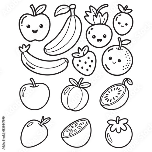 Cute cartoon illustration of various fruits including apples bananas and oranges