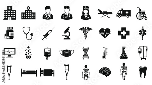 Collection of medical icons depicting healthcare hospitals and various medical tools