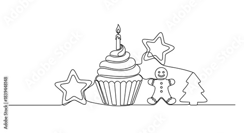 Christmas cupcake with candle and gingerbread man illustration  