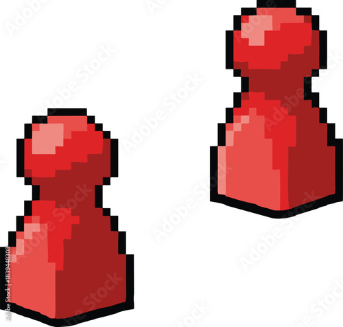 Pixel red game pieces, isometric board game pawns, retro vector icons, digital gaming assets, tabletop symbols, pixel art style, strategy design