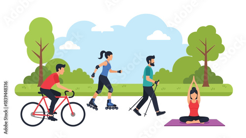 People enjoying various outdoor activities in a peaceful park setting