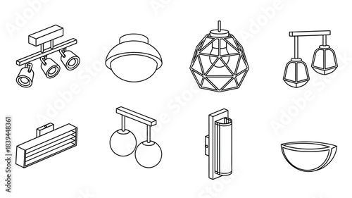 Collection of various modern lighting fixtures in a simplistic line art style