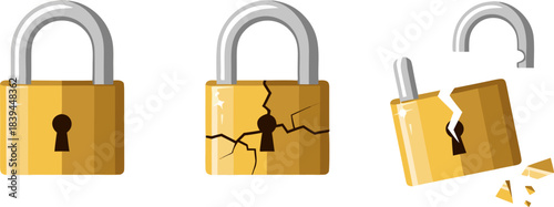 A set of 3 icons. Data Security: Closed lock, Cracked Lock, Open/Hacked lock. Security breach and data theft.