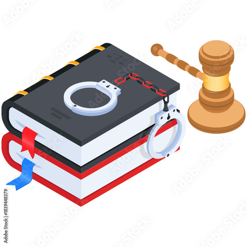 Law and Justice Icon: Handcuffs, Law Books, and Gavel
