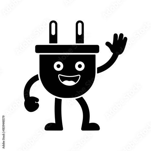 Funny plug cartoon character waving silhouette, vector art