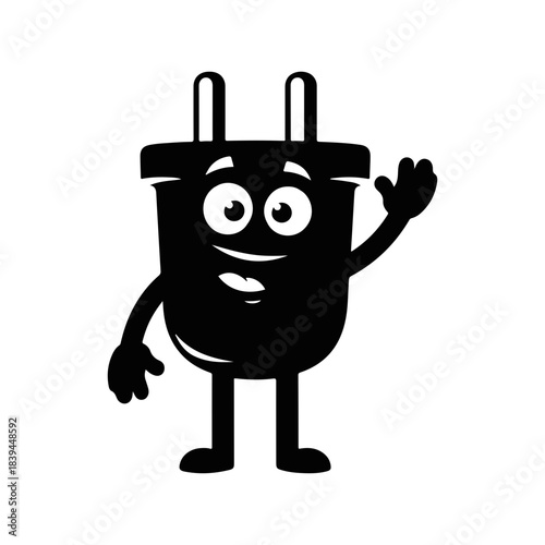 Funny plug cartoon character waving silhouette, vector art