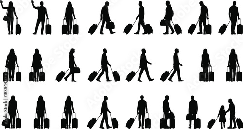 Large Vector Black Silhouette Collection of People, Tourists, and Travelers Walking, Waving, and Standing with Rolling Suitcases and Luggage Bags for Airport and Journey