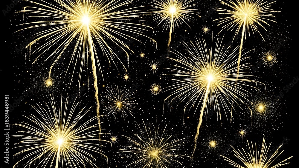 Naklejka premium A dazzling display of golden fireworks illuminating the night sky with a spectacular burst of light.