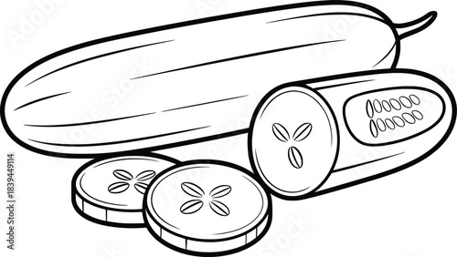 Cucumber Line Art Illustration, Whole, Sliced, and Fresh Vegetable Drawing.