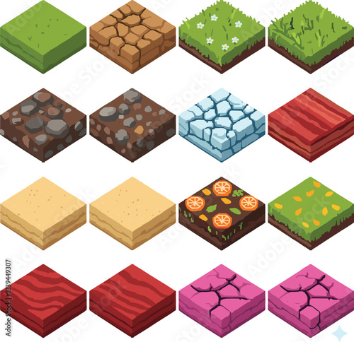 Stylized terrain tiles, fantasy ground textures, game environment surfaces, vector design for digital art, pixel backgrounds, soil, grass, sand, stone