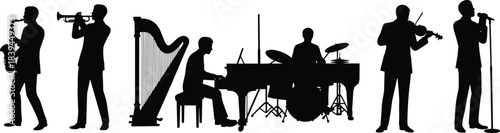 Live Orchestra and Jazz Band Musicians Silhouettes Playing Instruments Including Saxophone, Trumpet, Harp, Piano, Drums, Violin, and Singer Vector Set