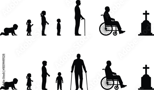Human Life Cycle and Aging Process from Infant Baby Crawling to Toddler Child Kid Adult Elder Senior in Wheelchair with Gravestone Silhouette