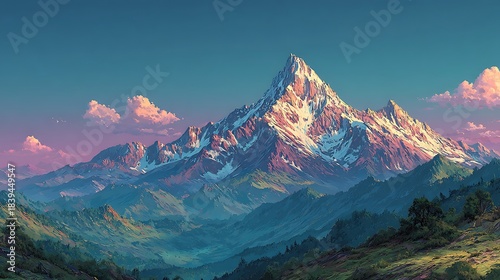 Majestic snow-capped mountain peak at sunrise with rolling green hills below dawn photo