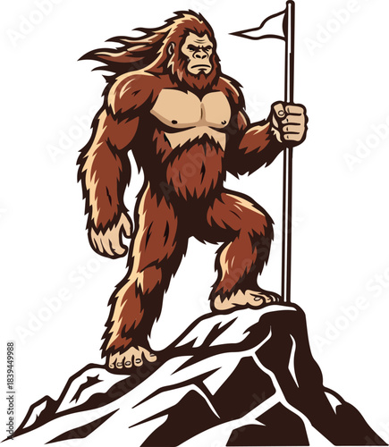 Bigfoot standing victoriously on a rocky summit holding a flag