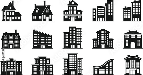 Urban building silhouettes, modern architecture icons, residential and commercial structures, cityscape elements, vector design for real estate, planning, construction, branding