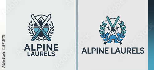 Alpine Laurels shield with crossed ice axes and mountain peak; climbing club emblem set for outdoors, expedition and adventure branding