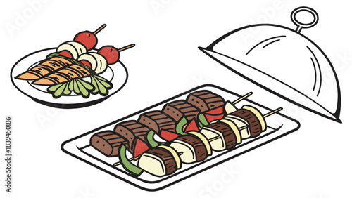 “Food platter with grilled items and appetizers, clean composition, premium restaurant catering vector.”
