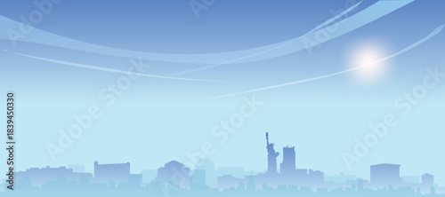 Blue panoramic poster of the city skyline with misty background buildings and clouds of NEW YORK, UNITED STATES