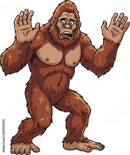 A cartoon illustration of a large, hairy, ape-like creature with a surprised or scared expression, holding its hands up