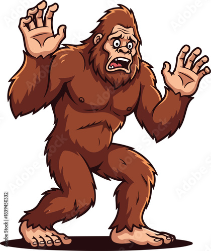 Cartoon bigfoot creature with scared expression and raised hands