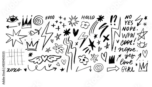 A Collection of Hand-Drawn Doodle Elements Stars, Hearts, Crowns, Lightning Bolts, and Text