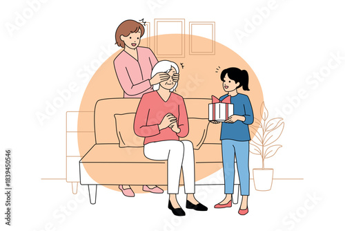 Intergenerational love celebrated through gift exchange and laughter