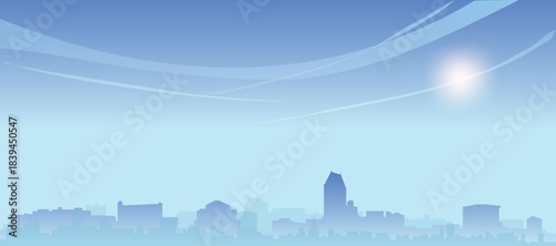 Blue panoramic poster of the city skyline with misty background buildings and clouds of SAN DIEGO, UNITED STATES