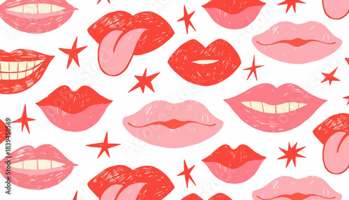 Vibrant Hand-Drawn Lips and Stars Seamless Pattern on White Background, Expressive Red and Pink Mouths Design, Playful Fashion Vector Illustration