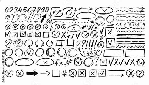 Hand-drawn check marks, crosses, circles, and numbers on a white background, a collection of graphic elements