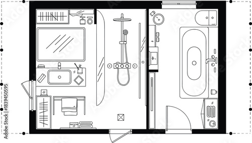 Bathroom, floor, plan, layout, architecture, interior, sink, shower, toilet, bathtub, mirror, setup, vector, black, pose, flavector, minimal, fixture, furnishing, design, renovation