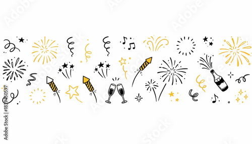 Festive Hand-drawn Celebration Elements A Doodle Collection of Fireworks, Champagne Bottles, Confetti, and Stars Perfect for Parties and Special Occasion Designs