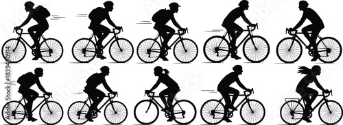 Cycling, silhouette, posture, gesture, bike, helmet, motion, speed, commute, sport, setup, vector, black, pose, flavector, minimal, rider, exercise, outdoor, activity