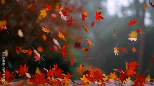 Colorful autumn leaves falling gently, red and gold foliage, peaceful, slow-motion background 4K 