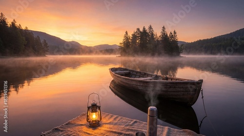 Serene lake at sunset with a wooden boat and lantern creating a peaceful and tranquil atmosphere