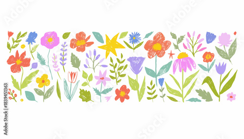 Whimsical Garden Collection A Vibrant Assortment of Hand-Drawn Flowers and Botanical Elements