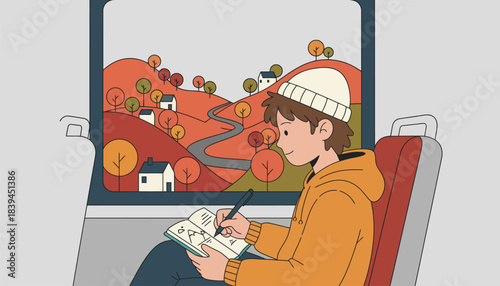 A young artist sketching in a notebook capturing the landscape as the bus drives through a vibrant autumn scene.