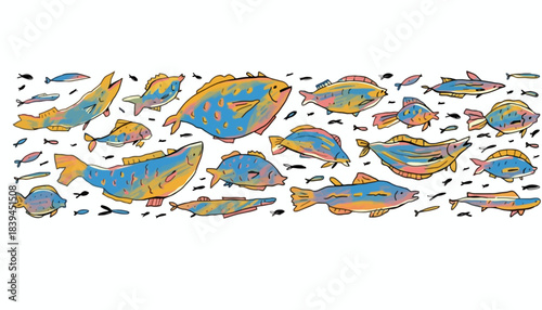 A colorful illustration of a variety of fish swimming in a horizontal panoramic view