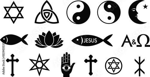 Vector illustration of various global religious and spiritual symbols; collection includes Christian cross, Star of David, Yin-Yang, All-Seeing Eye, Ichthys fish, and ancient pagan runes set.