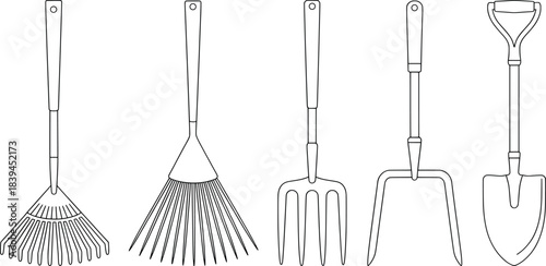 Black and White Garden Tools Illustration Set.