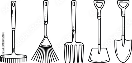 Black and White Garden Tools Illustration Set.
